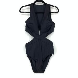 Seafolly Active Wrap Front Plunge Neck One Piece Swimsuit Womens US Sz 12 Black